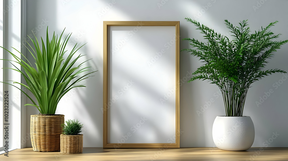 Wall mural 3d icon of desk plant and picture frame isolated on white background - perfect vector image for home