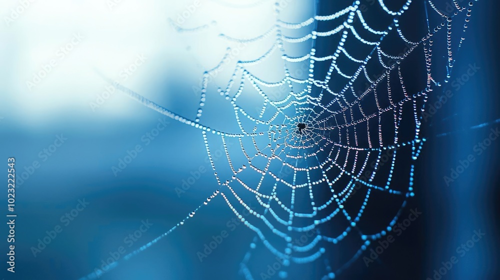 Aufkleber a close-up view of a delicate spider web glistening with dew drops in a serene blue background.
