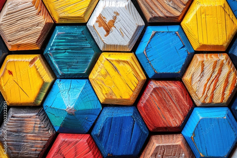 Wall mural colorful hexagon wooden blocks close-up