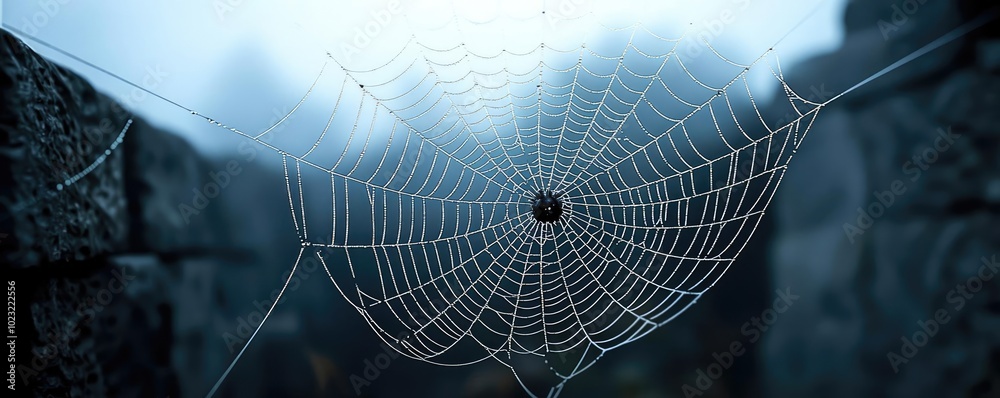 Poster a detailed spider web glistening with dew in a misty environment, showcasing intricate patterns and 