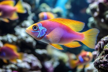 Obraz premium Colorful Fish with Yellow and Pink Fins Swimming in Aquarium