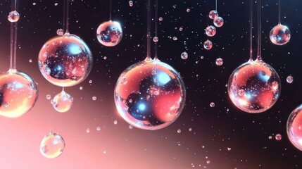 Fototapeta premium A visually striking arrangement of suspended, reflective bubbles against a gradient background.