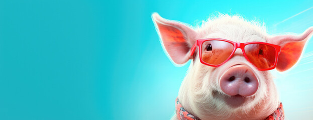 Frontal view of a whimsical pig with fluffy white fur, sporting vibrant red sunglasses, set against a bright blue background.