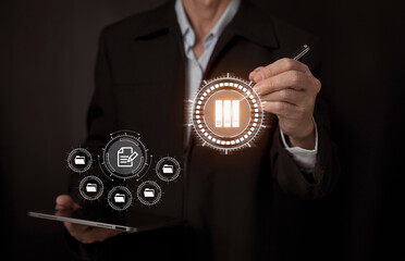 E-document management Paperless workplace, Businessman writing on document for online approve paperless quality assurance and ERP management, online documentation database, paperless office concept.