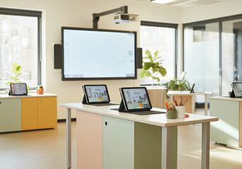 Empty modern classroom equipped with interactive whiteboard and digital tablets, showcasing the future of education