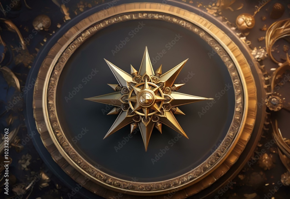 Poster a golden starburst design, with a circular frame, sits in the center of a dark surface.