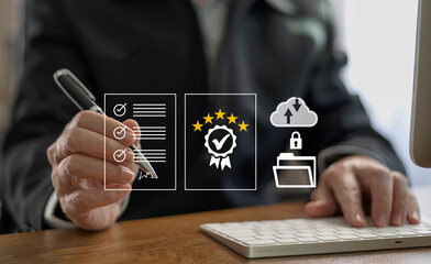 E-document management Paperless workplace, Businessman touching on document for online approve paperless quality assurance and ERP management..online documentation database, paperless office concept.