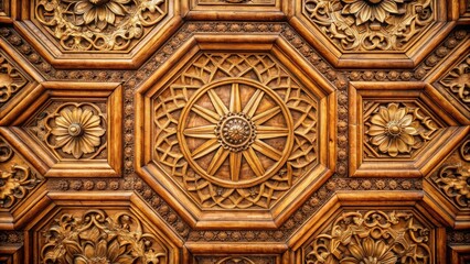 Intricate Wood Carving with Floral Motifs and Geometric Patterns on a Ceiling