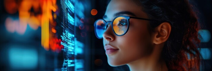 Young woman in glasses with data and graphs on screen - technology and future concept. Close-up of a woman's face wearing futuristic glasses with artificial intelligence-based graphs and data