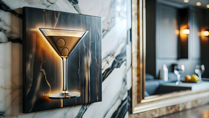 3D Glossy Marble Wall with Soft Light Gradients and Cocktail Glass Silhouette - Modern Top Down Soft Focus Shot for Elegant Cocktail Background