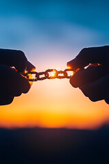 Breaking the chains, broken chain in hands. concept mental health stigma