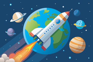 Obraz premium Cartoon-style image shows a white rocket in space with Earth and 9 planets, like Mercury and Jupiter. Blue background and starry design add to the celestial theme.