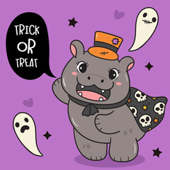Pygmy hippo baby hippopotamus zoo cartoon greeting witch Halloween character (trick or treat). 