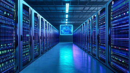 Futuristic neon data center featuring illuminated server racks, showcasing advanced technology, innovative design, and efficient data processing capabilities for modern enterprises