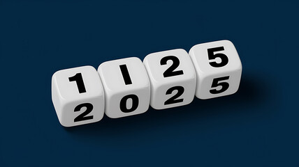 White dice with black numbers on a blue background, New Year 2025 celebration. 
