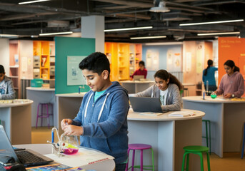 Elementary school students enjoying a chemistry class in their modern school laboratory, using laptops and traditional equipment