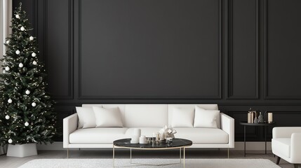 Elegant living room featuring a white sofa, modern decor, and a decorated Christmas tree against a stylish black wall.