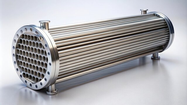 A cylindrical heat exchanger with a grid pattern on one end and multiple parallel pipes on the other