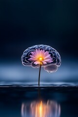 glowing brain with blooming flower inside. mental health well-being concept