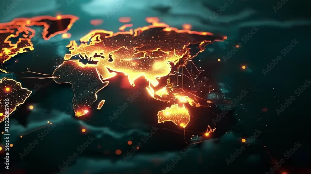 Wall mural abstract world map is illuminating with glowing lines connecting continents, symbolizing global fina
