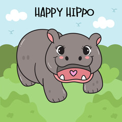 Baby Pygmy hippo hippopotamus zoo cartoon happy smile emotion in forest background