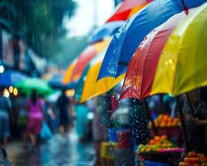 Vibrant Rainy Market Scene With Colorful Umbrellas Covering Vendors and Customers