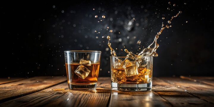 Two glasses of amber liquid with ice cubes, one with a splash of liquid frozen in time, set on a rustic wooden table against a dark backdrop.