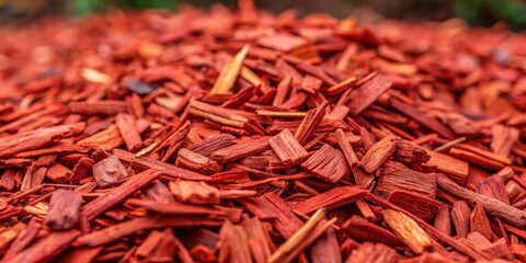 Fototapeta premium A close-up of a heap of finely chopped wood mulch in vibrant crimson red hues, ideal for landscaping and gardening.