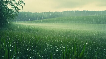 A peaceful countryside with raindrops gently falling on green fields, the soft rain creating a serene atmosphere.
