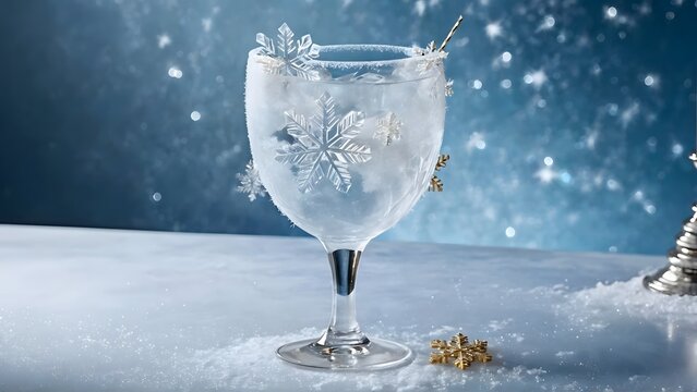 A snowy elixir with glowing snowflake ice cubes, perfect for adding a magical winter touch to a Halloween evening.	