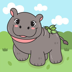 Baby Pygmy hippo hippopotamus zoo cartoon happy emotion in forest background. Series kawaii animals wildlife jungle drawing