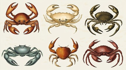 Vintage Sea Life Vector Set Featuring Crab