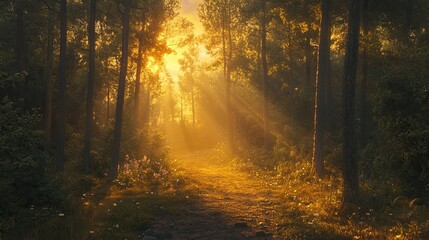 Obraz premium A peaceful forest scene with the setting sun casting golden rays through the trees, illuminating a path through the woods.