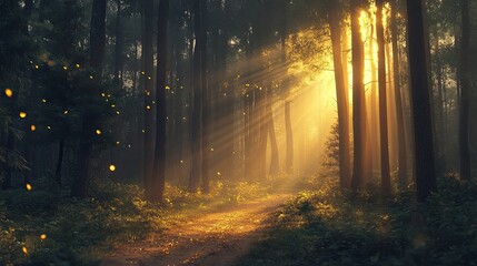 Obraz premium A peaceful forest scene with the setting sun casting golden rays through the trees, illuminating a path through the woods.