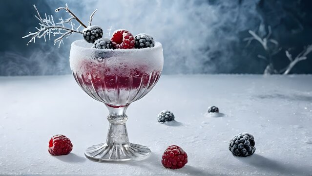 A snowbound cocktail featuring frozen berries and cold mist, combining winter’s chill with Halloween’s eerie magic.	