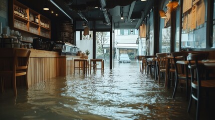 Flooded restaurant after hurricane showing severe water damage