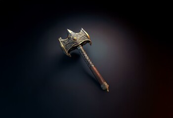 A large, ornate hammer with a wooden handle lies on a dark background.