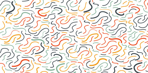 Fun colorful line doodle seamless pattern for children or trendy design with basic shapes orange yellow blue. Beautiful design