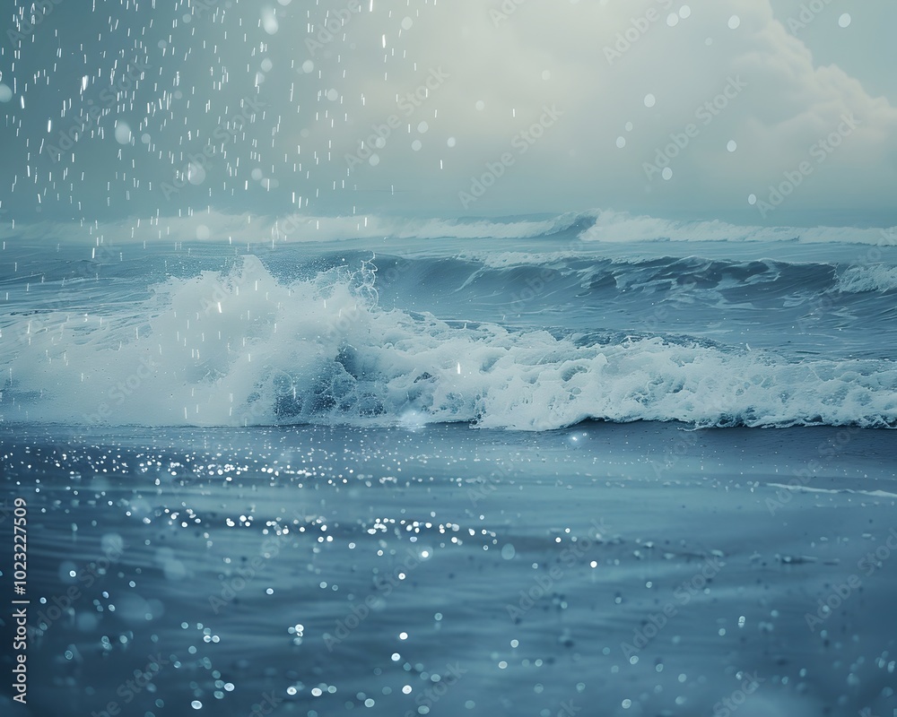 Poster Dramatic Coastal Storm with Crashing Waves and Misty Raindrops Blanketing the Ocean Surface