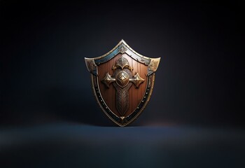 A wooden shield with a golden cross and ornate details sits on a dark surface.