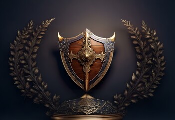 Fototapeta premium A golden ornate shield rests on a golden crown, framed by two golden leaf branches.