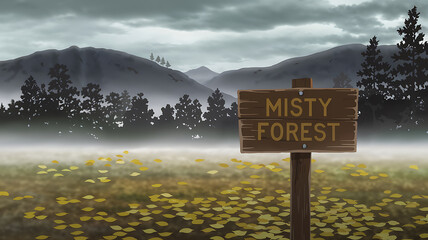Misty forest scene with a wooden sign and yellow leaves, perfect for autumn and nature themes. 
