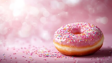 Floating donut adorned with colorful sprinkles against a pastel pink background, featuring sparkles and confetti for a dreamy atmosphere, ideal for food photography with a soft focus effect.