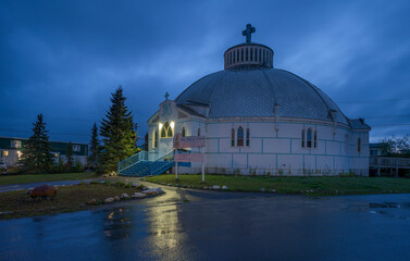 Early morning exterior view of Our Lady of Victory Catholic Church in Inuvik, Northwest Territories, Canada
