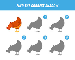 Find correct shadow of cute chicken. Educational logical game for children. Cartoon chicken. Cute farm hen. Worksheet for education. 