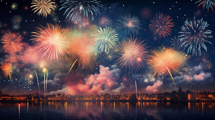 Obraz premium There are colorful fireworks in the night sky above the lake, and the beautiful night view is like a dream
