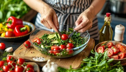 A chic contemporary kitchen featuring a chef skillfully preparing fresh ingredients