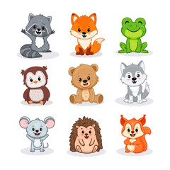 Set of cartoon cute forest animals including fox, owl, wolf, bear, mouse, hedgehog, raccoon, frog and squirrel. Forest animals for magazines, postcards. 