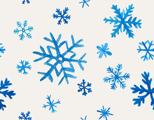 seamless pattern with blue snowflakes painted with watercolors on a beige background