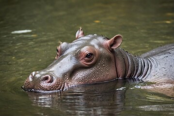 Fototapeta premium Close-up of a Pygmy hippopotamus swimming in nature with copy space.